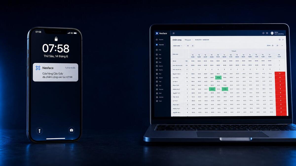 Thông báo chấm công trên điện thoại và dashboard Nesface