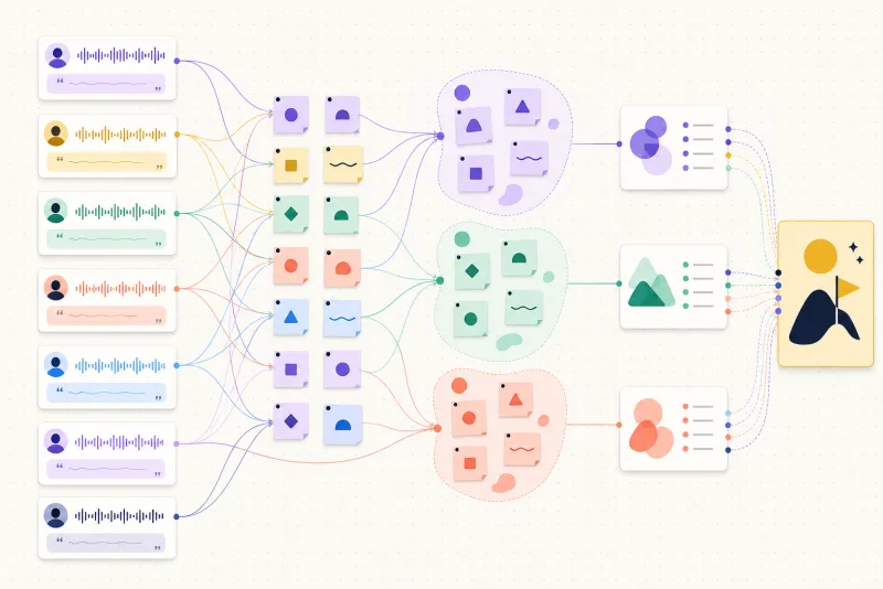 Customer interview sources connected to observations, themes, insights and a product decision