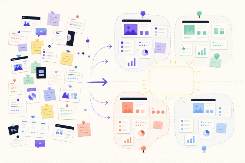 Visual competitor research canvas turning scattered evidence into market clusters and an opportunity gap